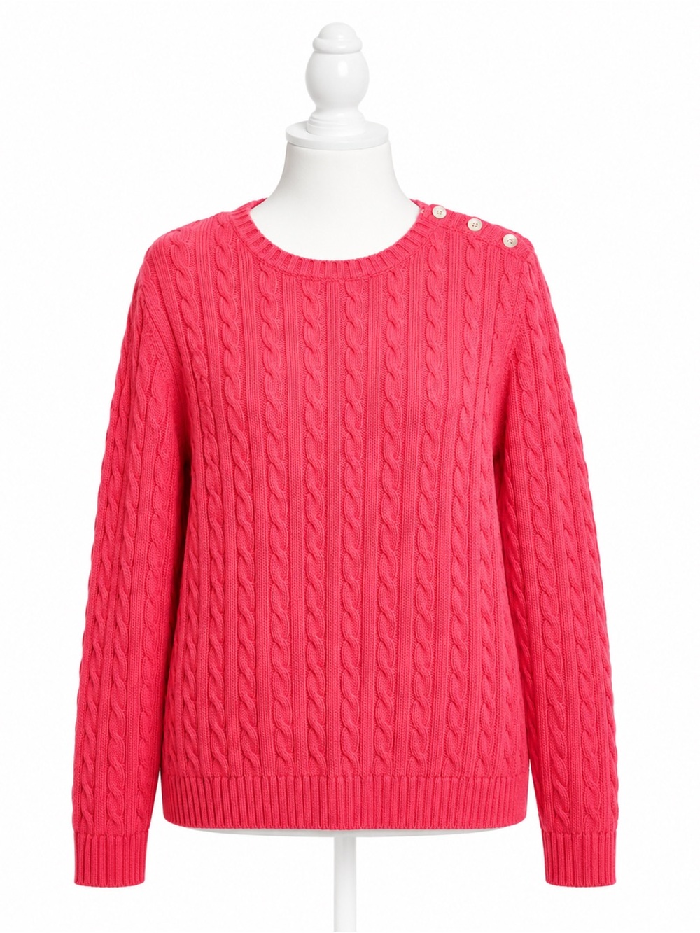 Lands’ End XL Cable Knit Sweater Pink Cotton Crewneck Shoulder Button Women’s